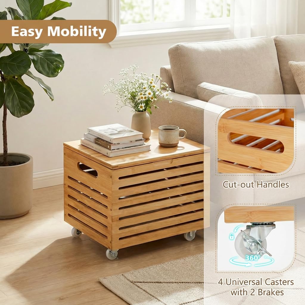 Bamboo Rolling Storage Box with 4 Wheels and Lid for Home