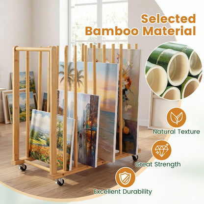 Bamboo Art Storage Rack with 4 Wheels and Side Handle for Canvases and Frames