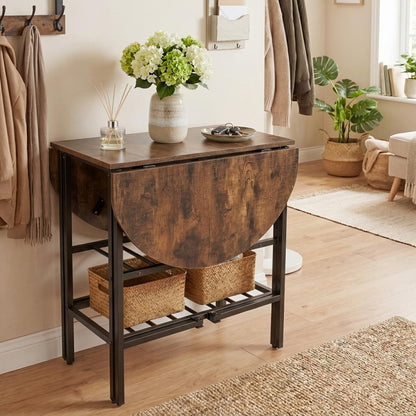 GiantexUK Folding Dining Table, Extendable Drop Leaf Table with Metal Frame & Storage Shelves