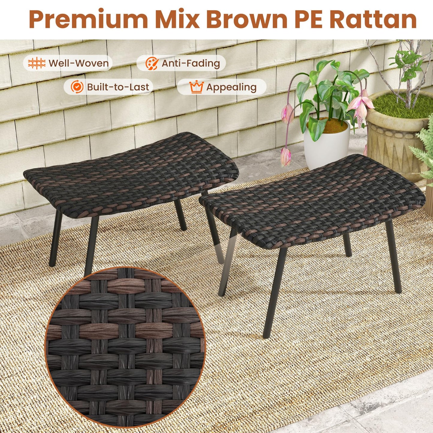 All-Weather Rattan Footstools Set of 2 with Quick-Dry Foam