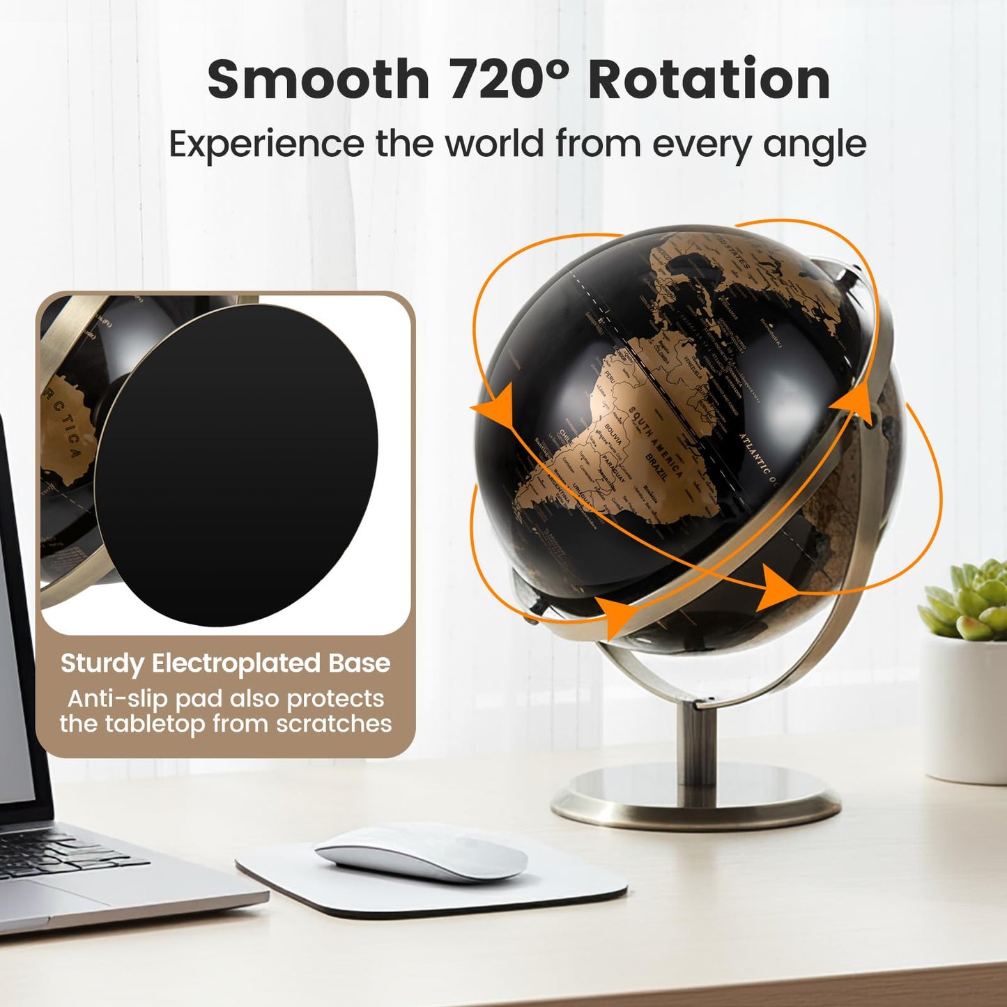 23CM Metallic Black World Globe with Metal Stand