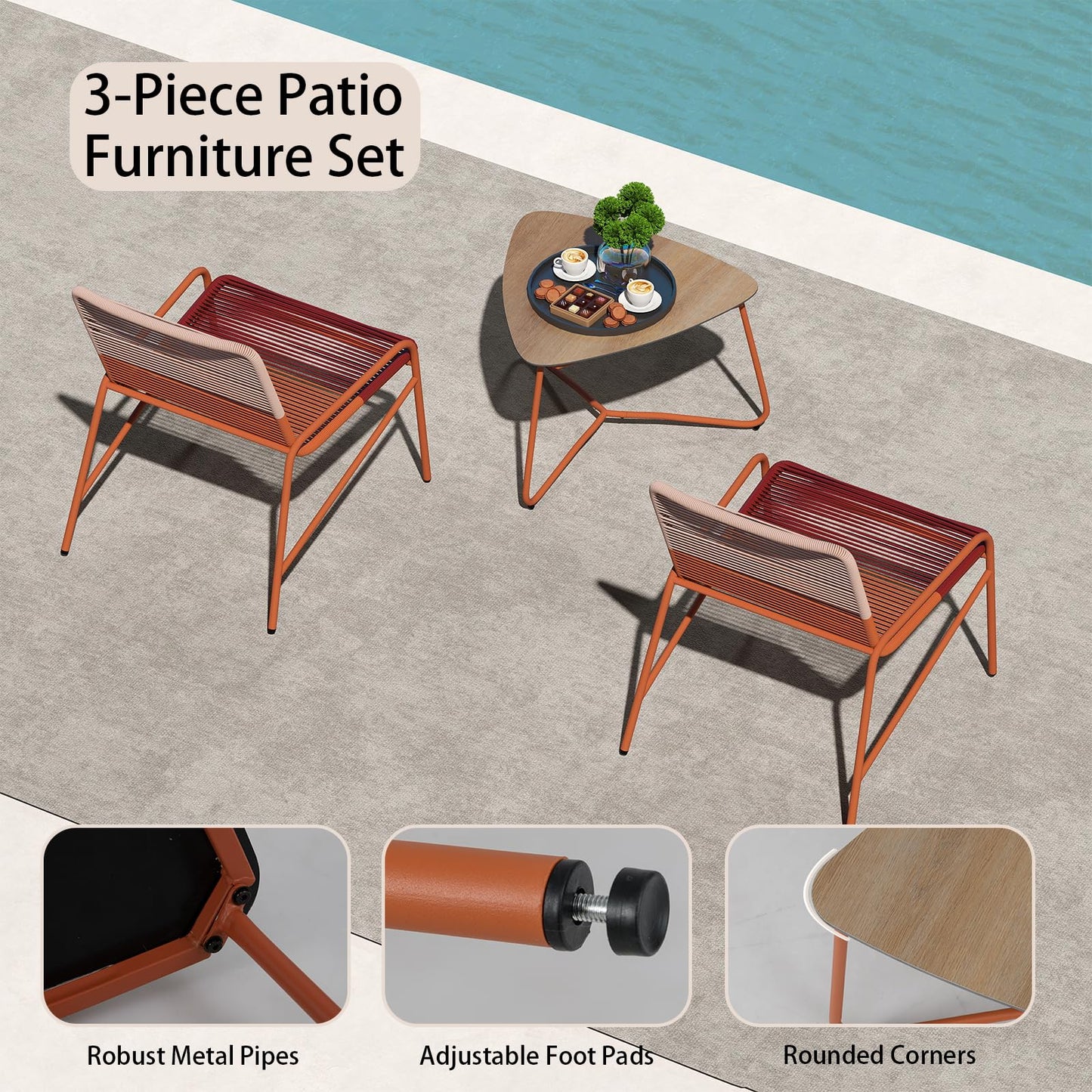 Outdoor Rattan Furniture Set with 2 Gradient Chairs and Wood-Plastic Side Table