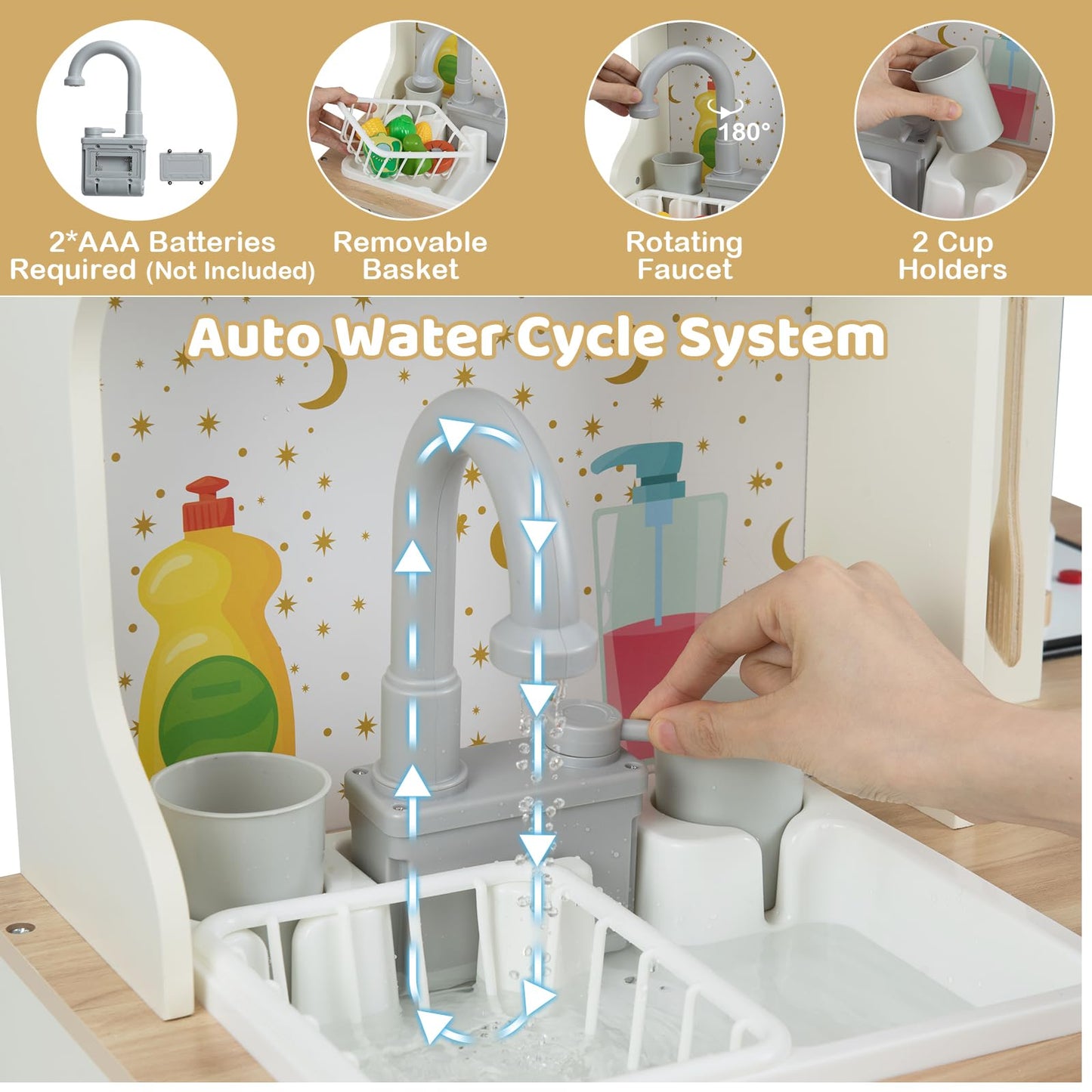 Wooden Corner Kitchen Playset with Working Faucet and Realist Sounds