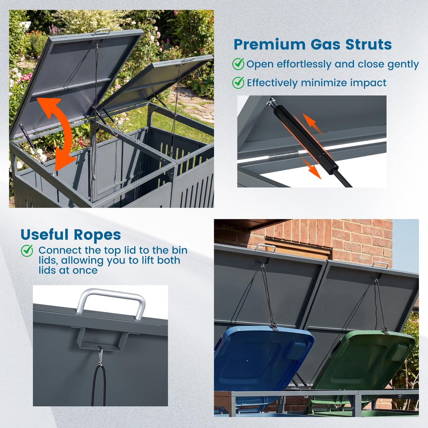 Double Wheelie Bin Storage, 240L Metal Garden Bin Hideaway with Gas Struts