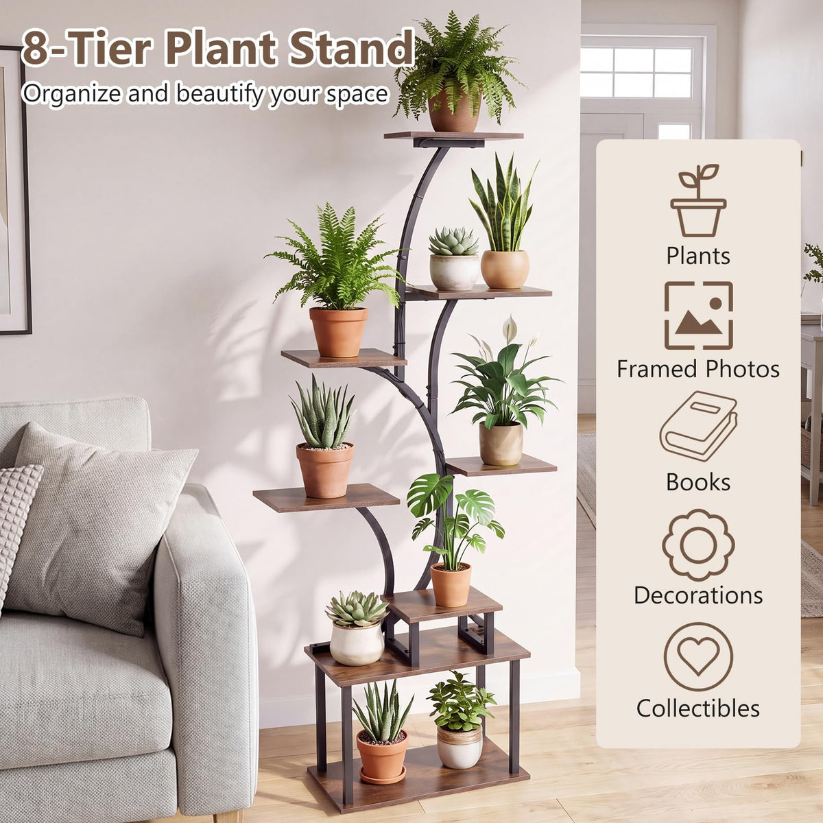 Plant Stand with Grow Lights, 158cm Tall 8-Tier Corner Metal Plant Shelf Flowerpot Holder