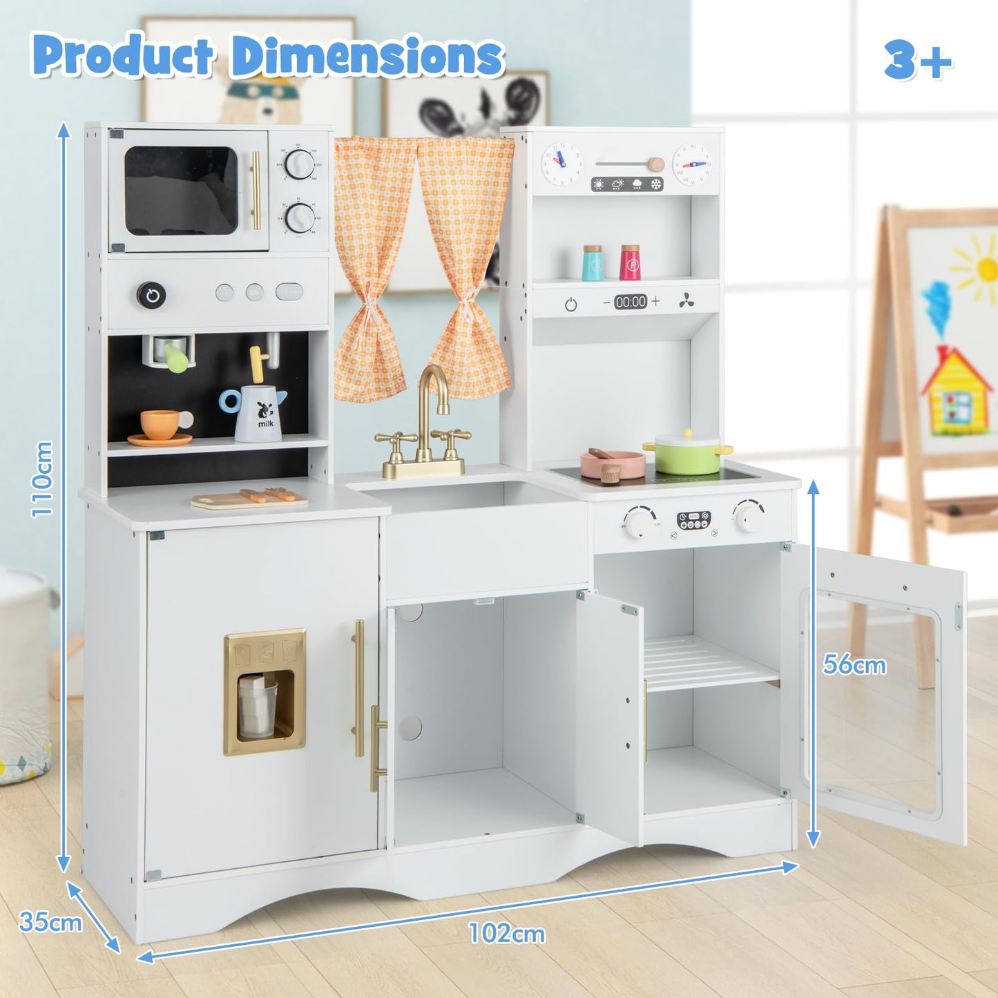 Kids Play Kitchen Wooden with Microwave and Ice Maker with Sounds