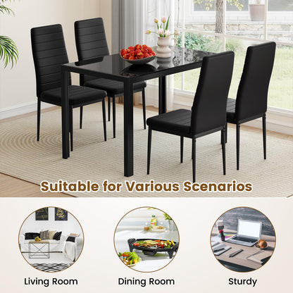 5 Pieces Kitchen Table and 4 Upholstered Chairs with High Backrest & Glass Tabletop