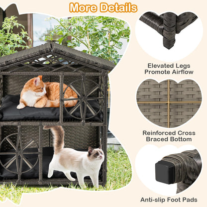 2-storey Wicker Cat House with Removable Cushions
