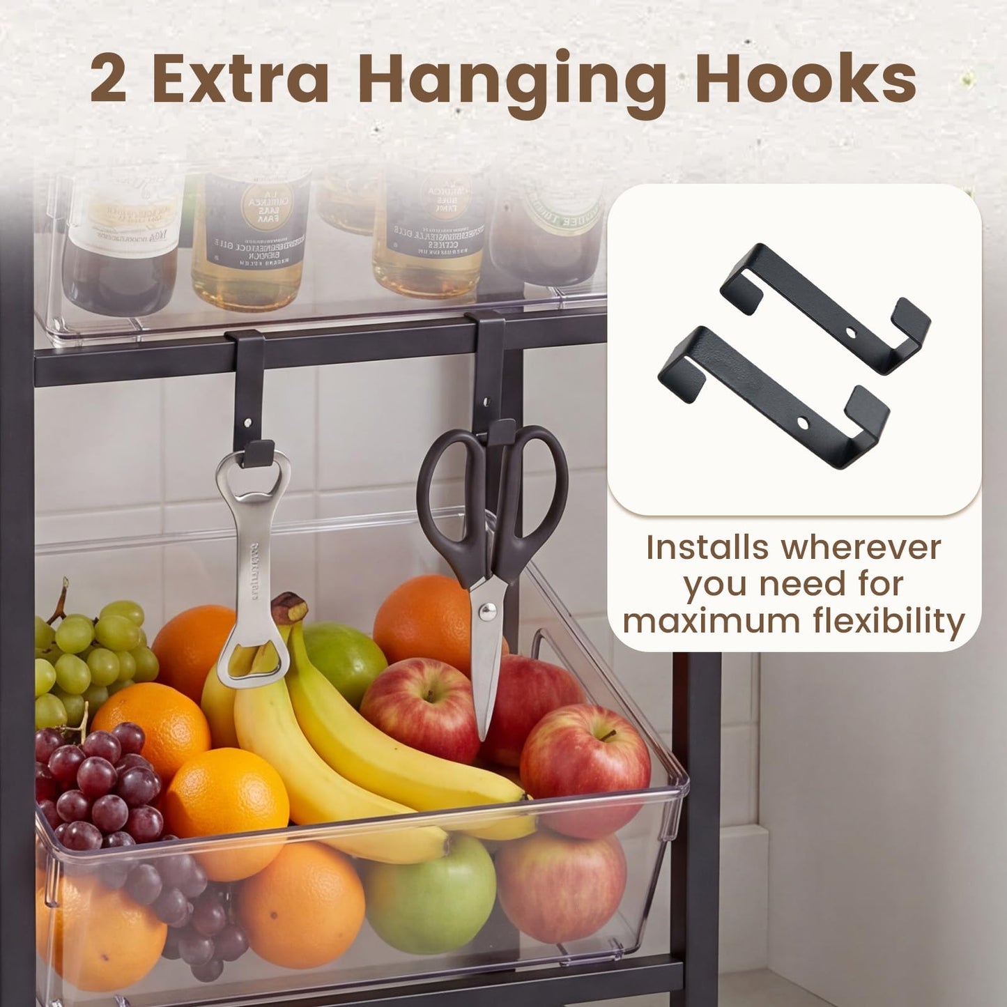 3-Tier Drink Crate Rack, Metal Bottle Storage Shelf with 3 Adjustable Angles & 2 Hooks