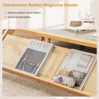 Tempered Glass Cocktail Tea Center Table with Rattan Magazine Storage Shelf