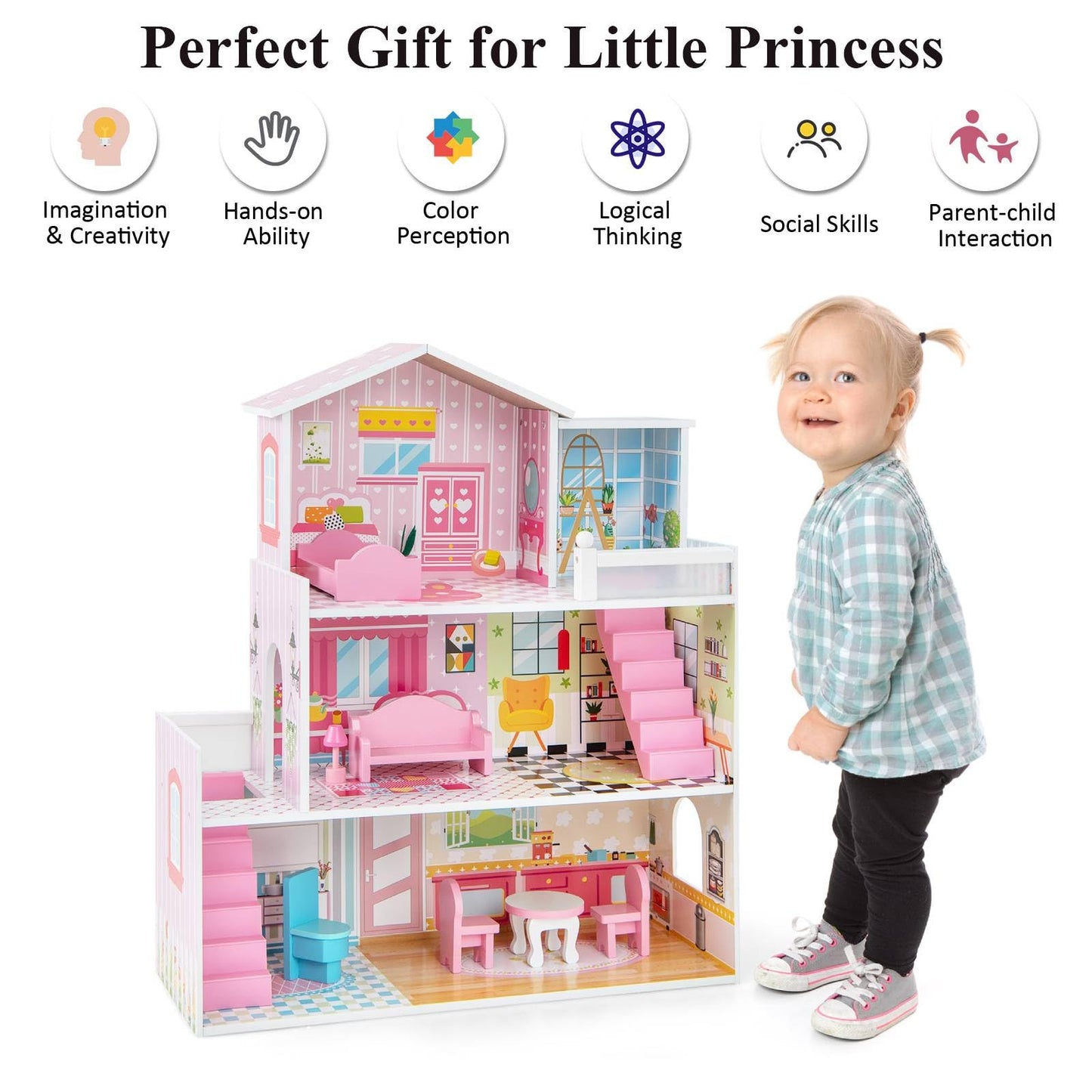 Kids Wooden Dollhouse DIY Pretend for Toddlers 3-7 Years Old