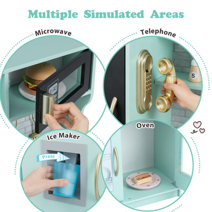 Kids Play Kitchen, Wooden Children Pretend Kitchen with Ice Maker