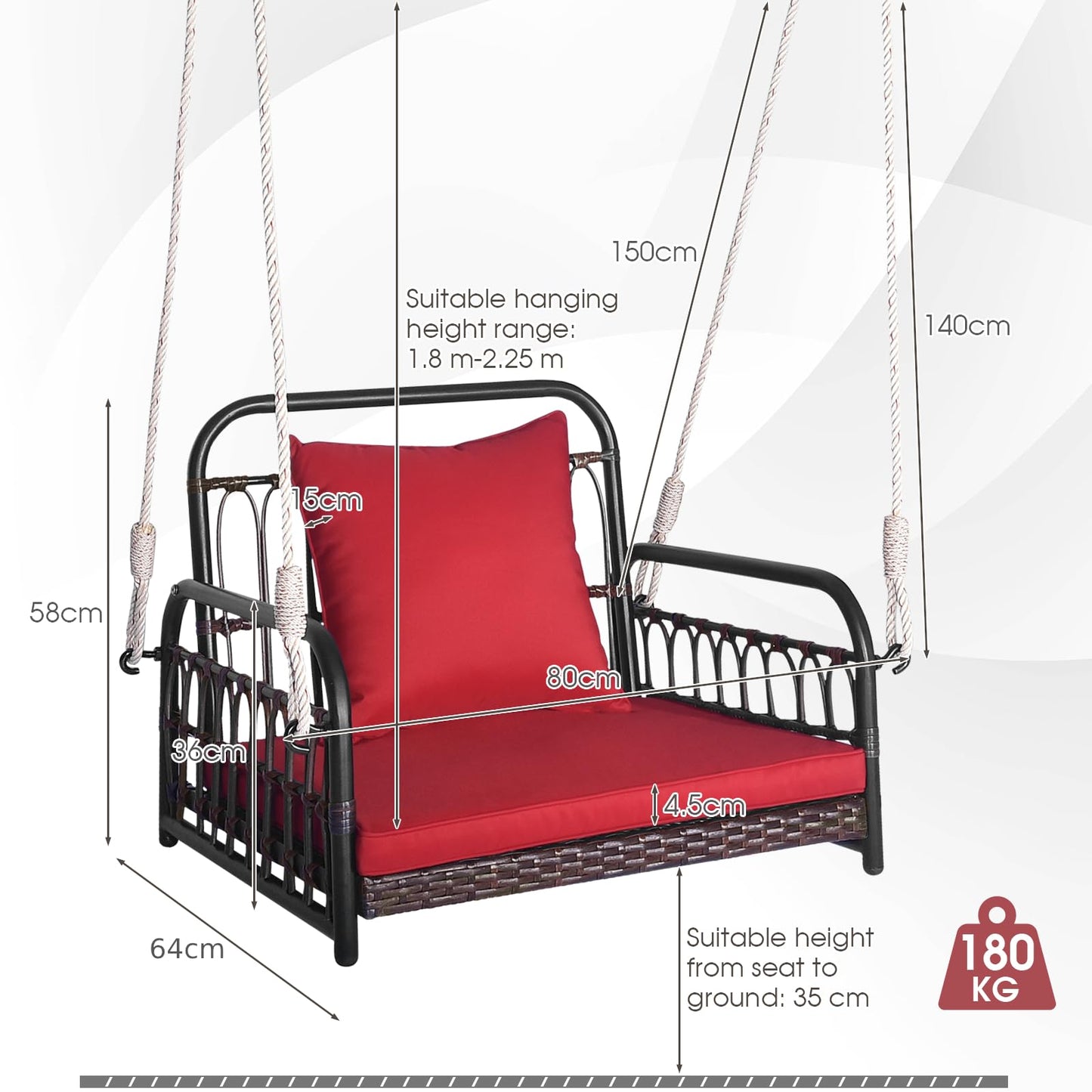 1 Person Rattan Woven Hammock Chair with Back and Seat Cushion