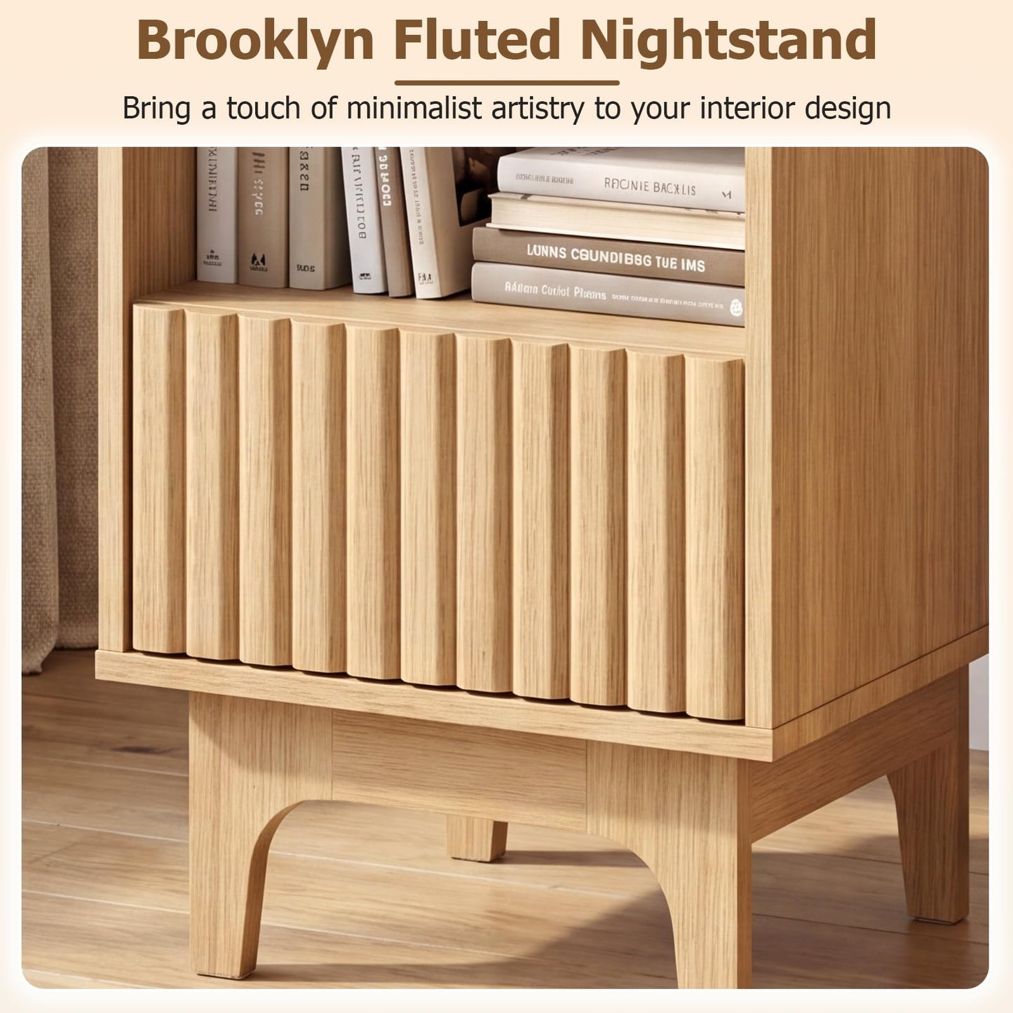 Bedside Table, Wooden Nightstand End Sofa Side Table with Fluted Storage Drawer