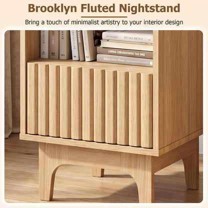 Bedside Table, Wooden Nightstand End Sofa Side Table with Fluted Storage Drawer