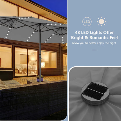 460 cm Twin Patio Umbrella with 48 LED Lights and Auto-Charging Solar Panel