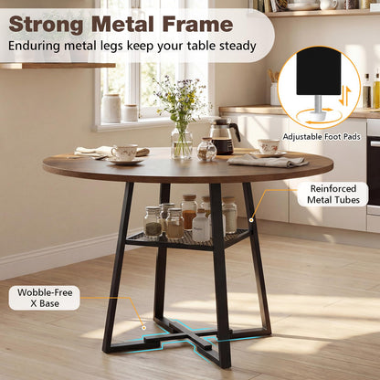 Round Dining Table for 4-6 120 CM Dining Room Table with Storage Shelf and Metal Legs