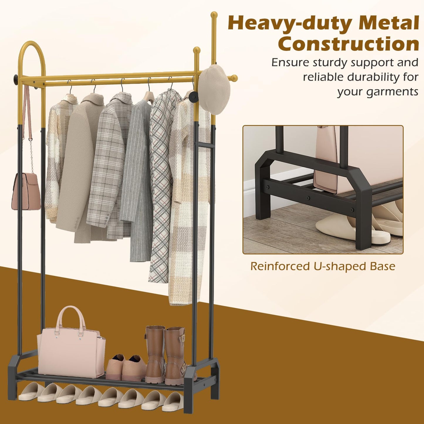 Double Rods Garment Rack Freestanding Clothing Rack with 5 Hooks