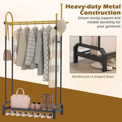 Double Rods Garment Rack Freestanding Clothing Rack with 5 Hooks