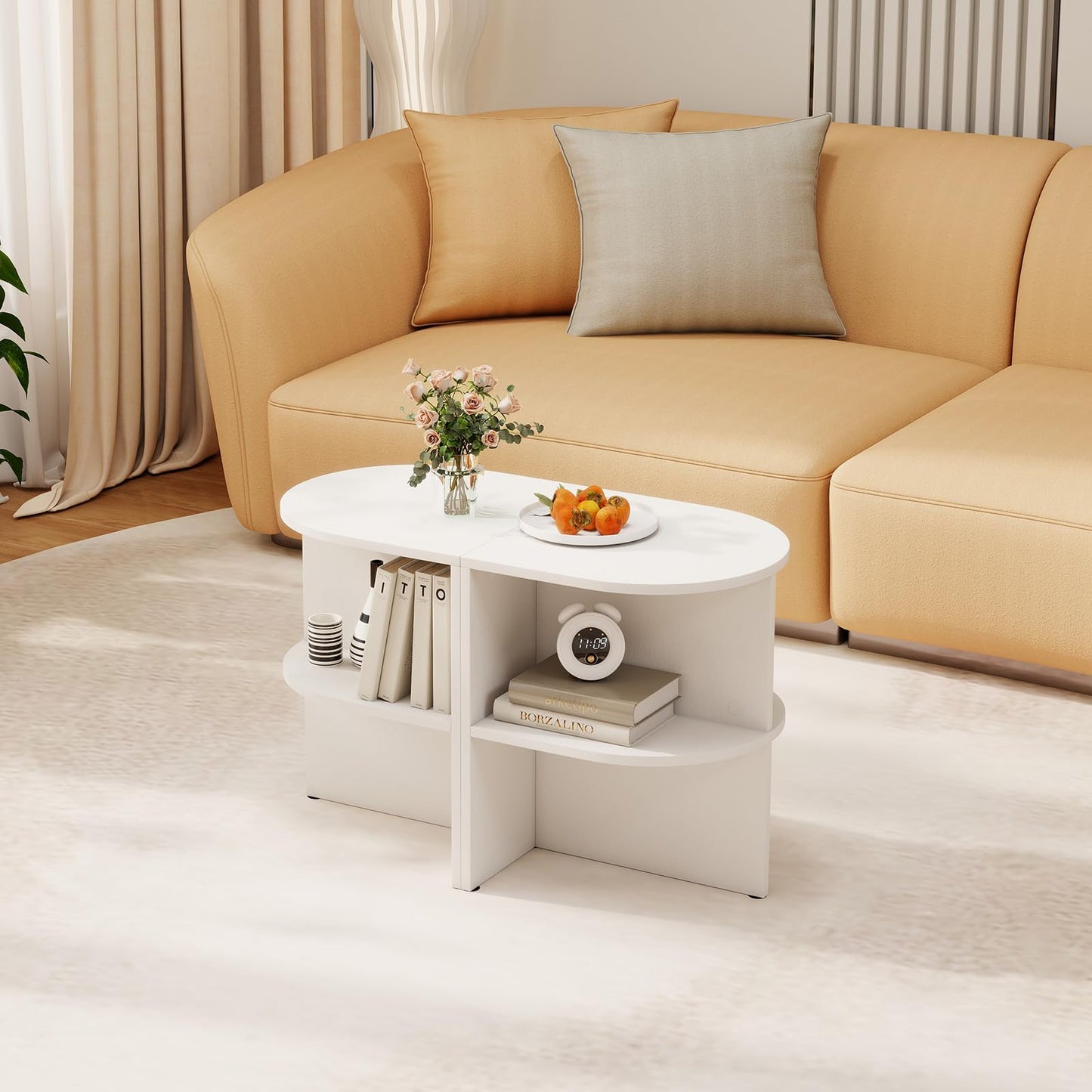2-Tier Wooden Half Round Side Table with Open Storage Shelves