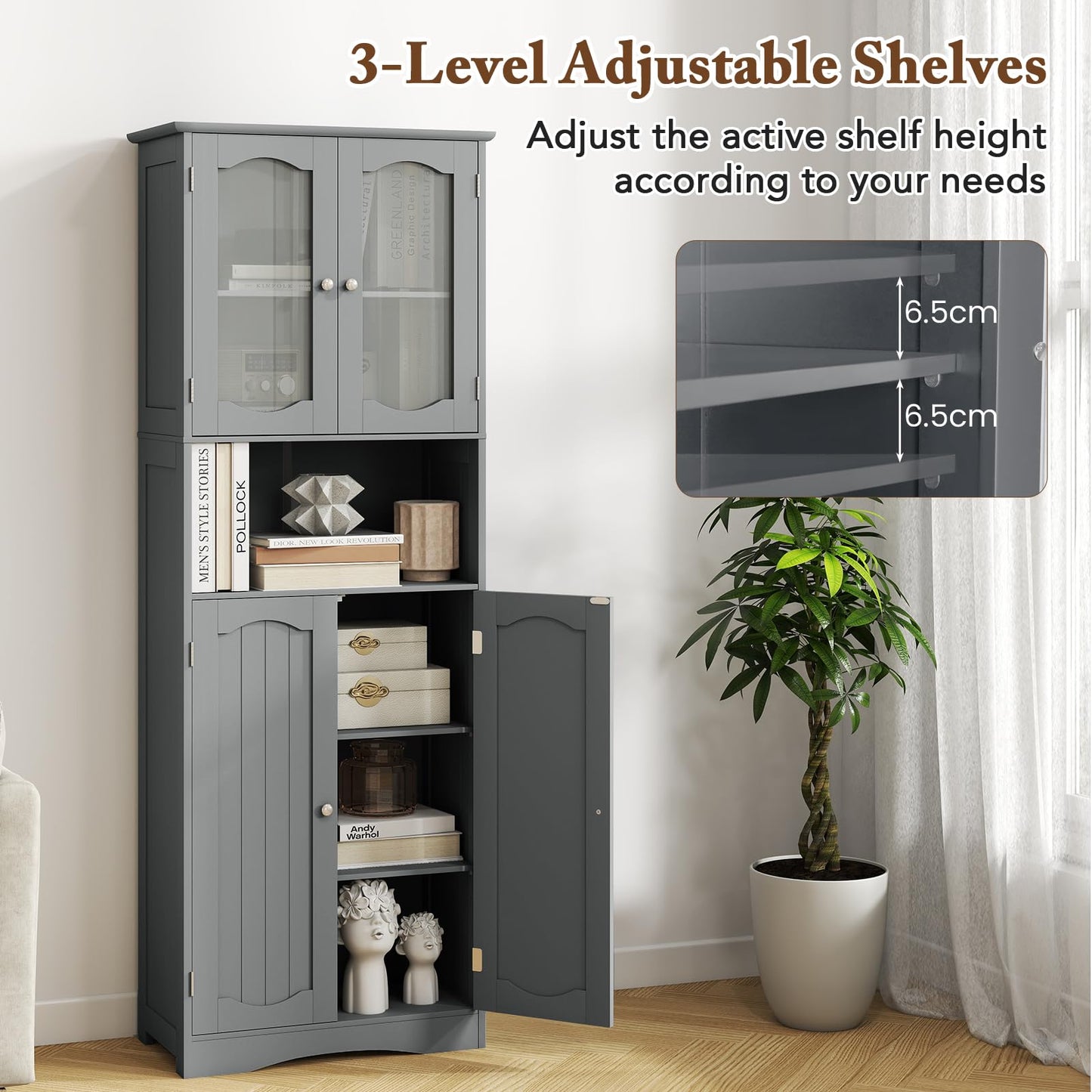 Tempered Glass Door Pantry Cabinet with 3-Position Adjustable Shelves