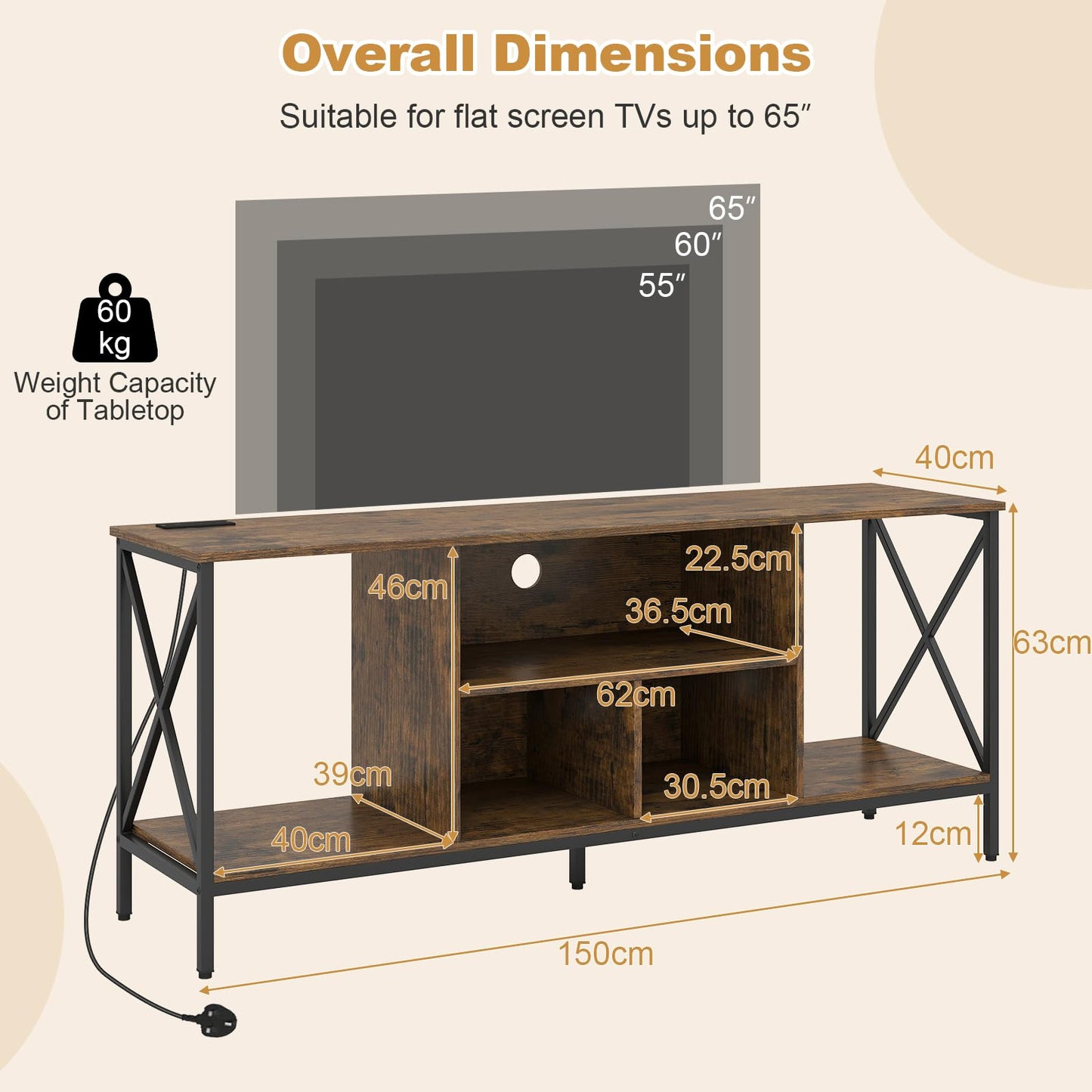 LED TV Stand Cabinet for 65" TVs with Power Outlets