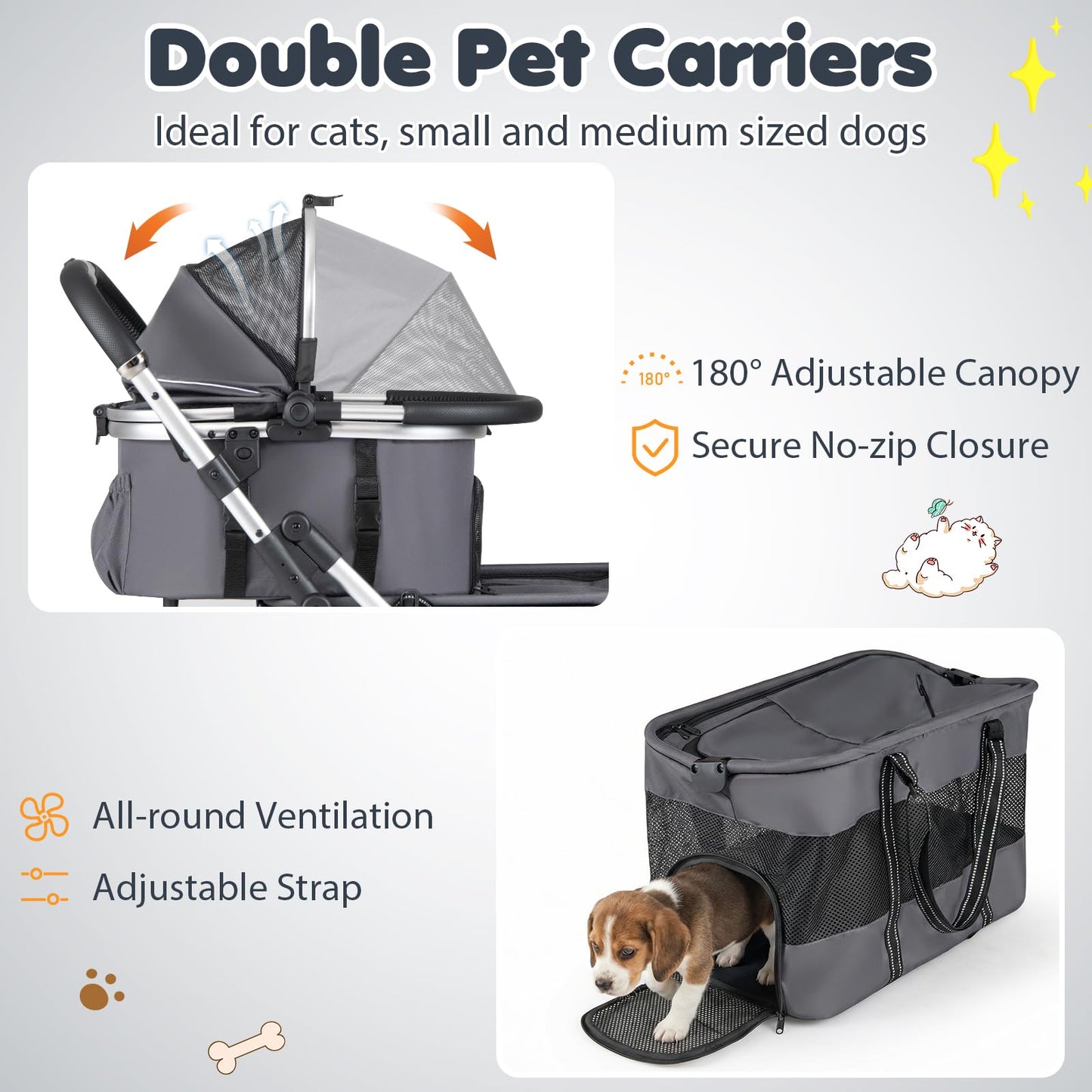 Double Pet Stroller with 2 Detachable Carriers 4-in-1 Foldable Dog Jogger Car Seat