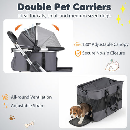 Double Pet Stroller with 2 Detachable Carriers 4-in-1 Foldable Dog Jogger Car Seat