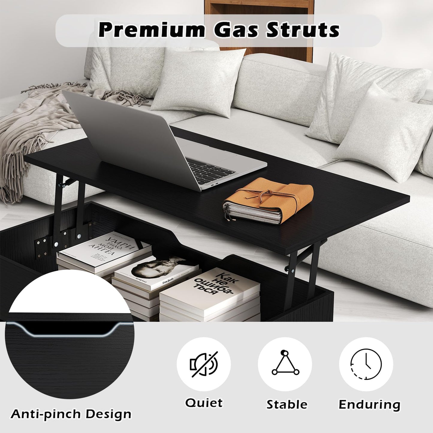 Lift Up Top Coffee Table with Hidden Storage Compartment and Open Shelf