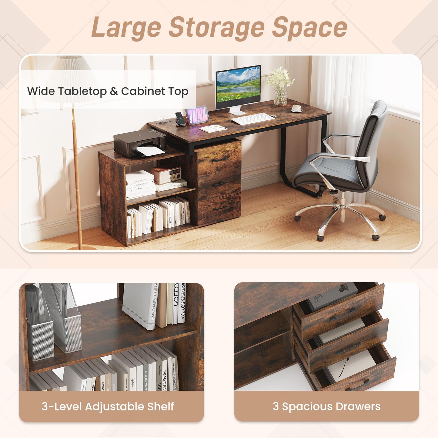 L Shaped Computer Desk with 3 Drawers and 2 Shelves, 140 cm Reversible Home Office Corner Desk