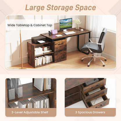 L Shaped Computer Desk with 3 Drawers and 2 Shelves, 140 cm Reversible Home Office Corner Desk