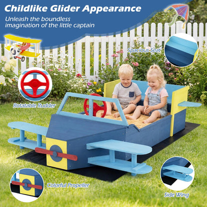 Wooden Kids Sandpit, Glider-Shape Sand Box with Bench Seat, Propeller, Rotatable Rudder