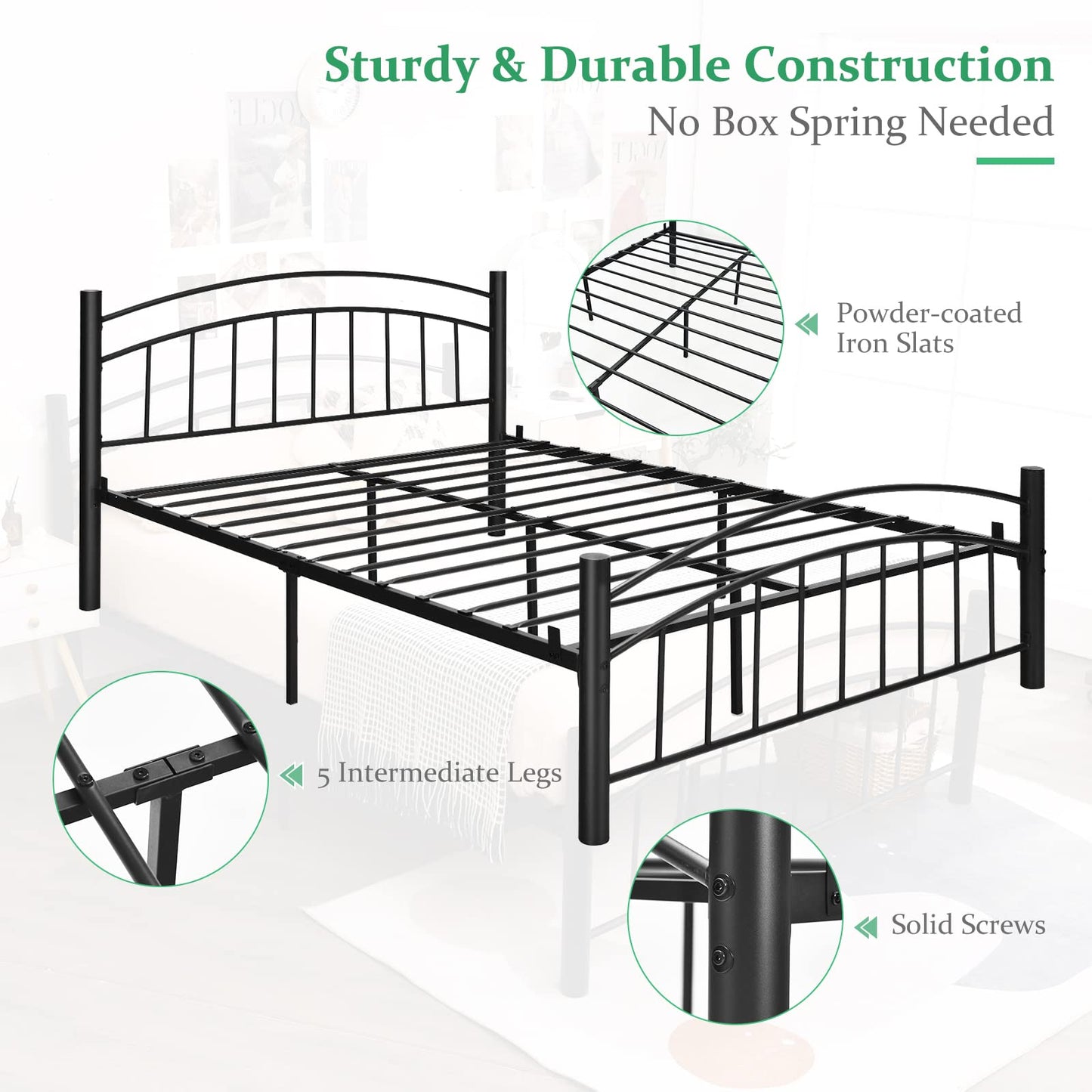 Double Metal Bed Frame, 3FT/4FT6/5FT Platform Bed with Headboard
