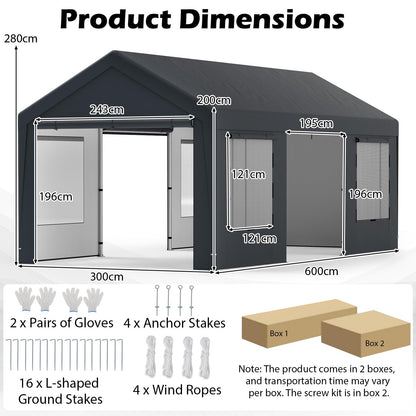 All-Weather Outdoor Car Shelter with 8 Removable Sidewalls and Roll-up Doors