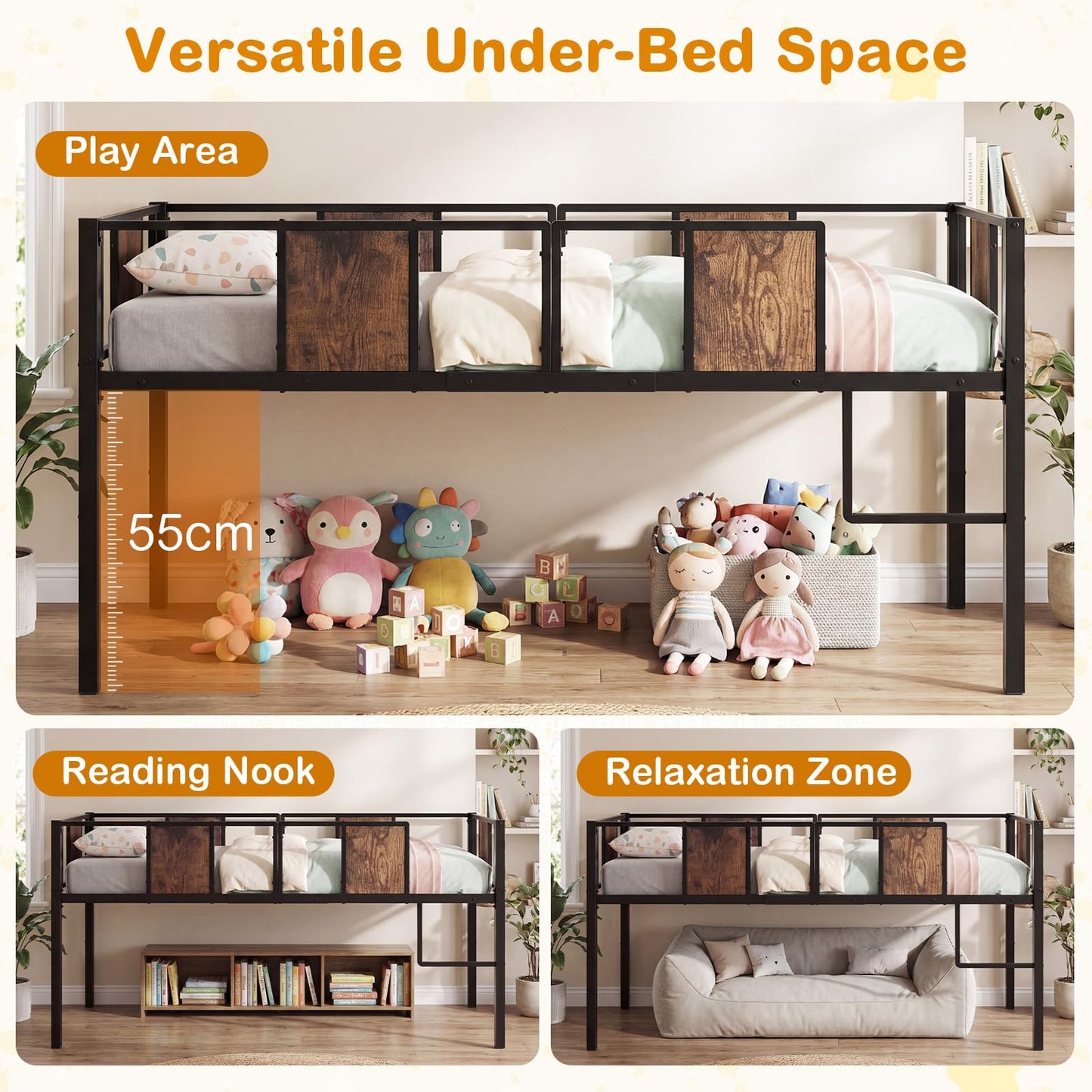 Kids Loft Bed, Metal Single Size Low Loft Bed with Under-Bed Space