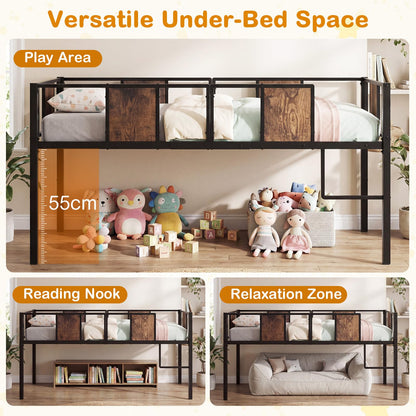 Kids Loft Bed, Metal Single Size Low Loft Bed with Under-Bed Space