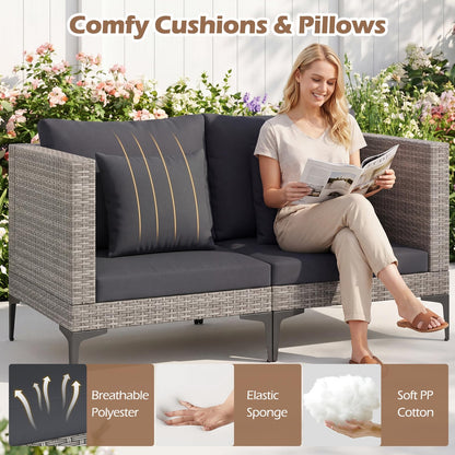 5-Piece Rattan Garden Furniture Set, Patio Conversation Set with 2 Chairs, 2 Ottomans, Coffee Table & Thick Cushions