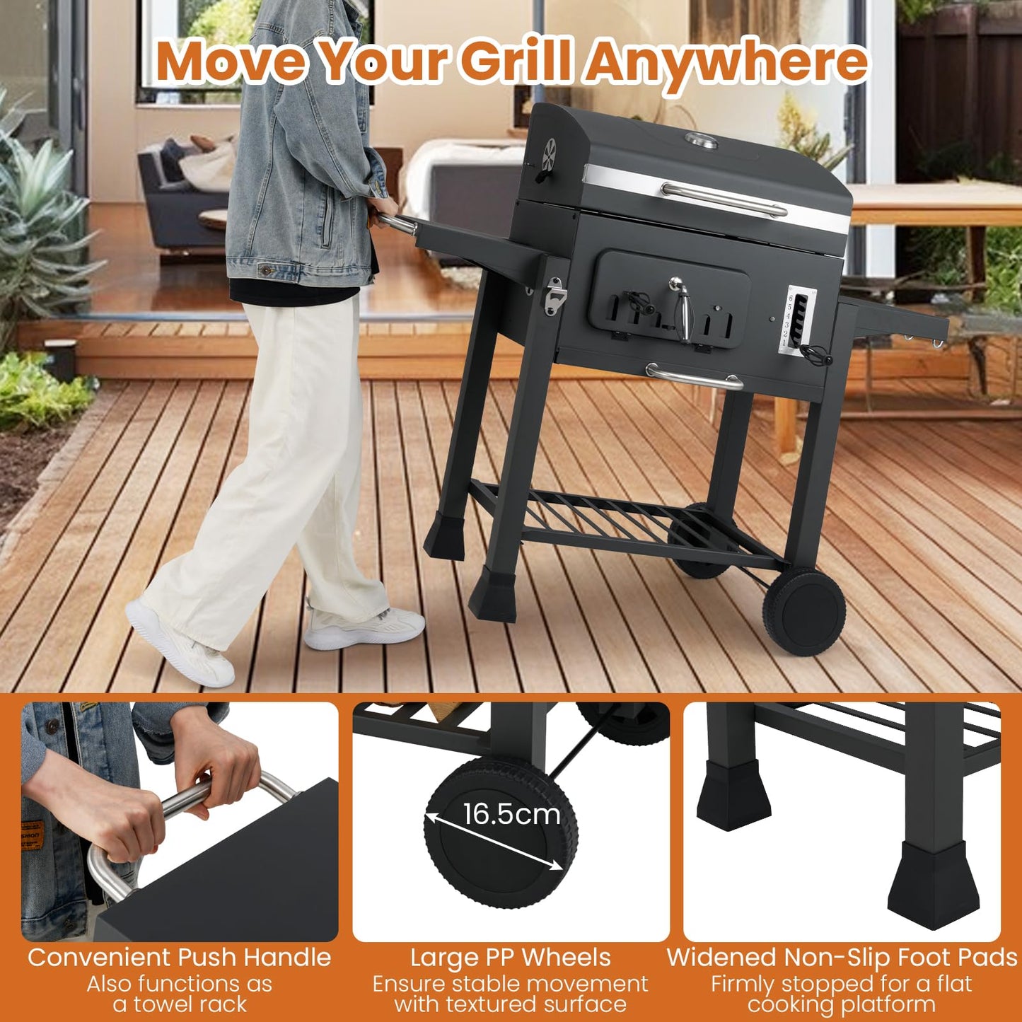 Barrel Charcoal Grill with 2 Folding Side Tables for Camping Picnic