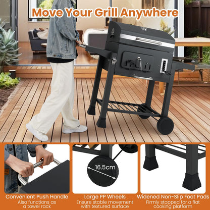 Barrel Charcoal Grill with 2 Folding Side Tables for Camping Picnic