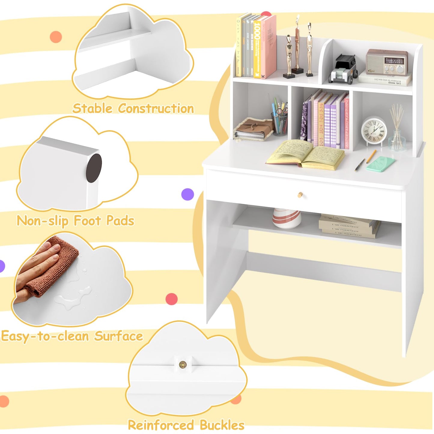 Kids Wooden Study Desk with Hutch and Drawer