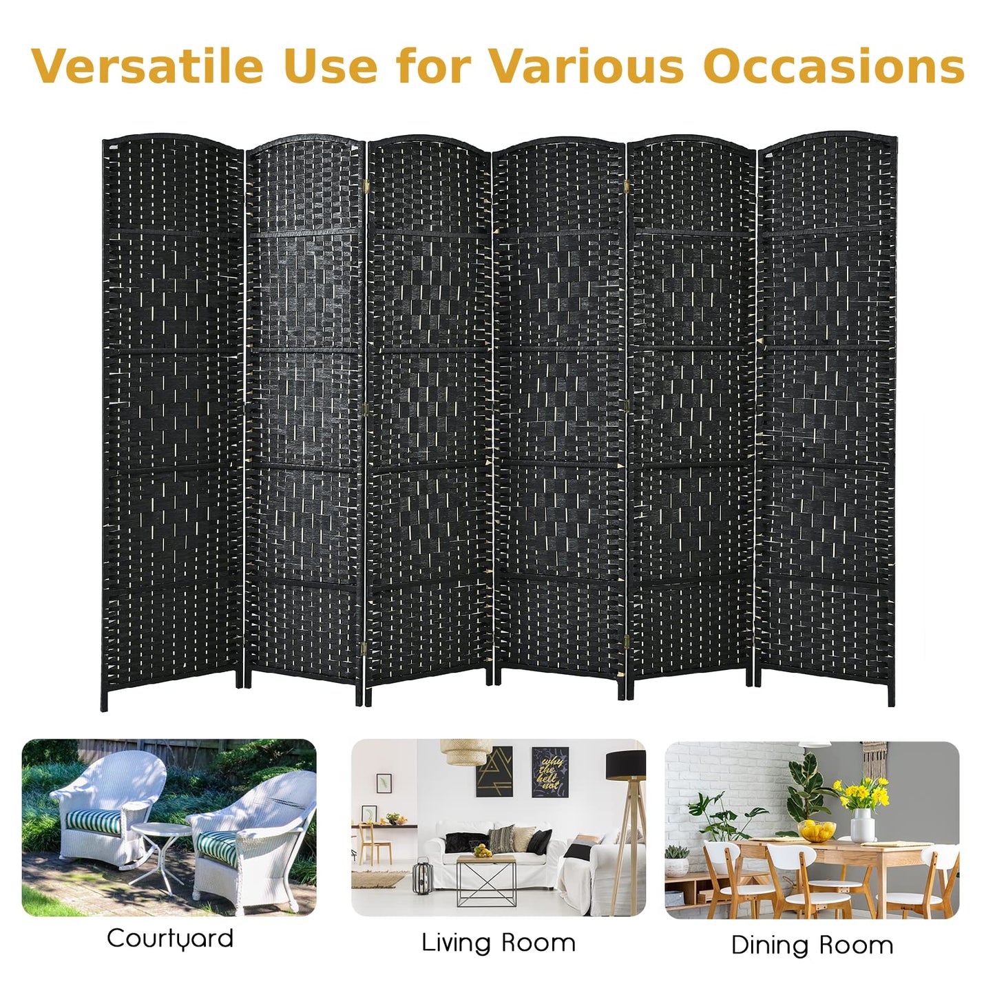 6 Panel Folding Room Divider with Hand-Woven Wicker for Home Office