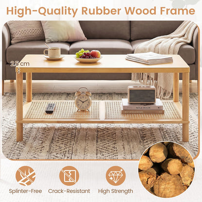 2-Tier Rattan Coffee Table with Storage Shelf, Rubber Wood Frame
