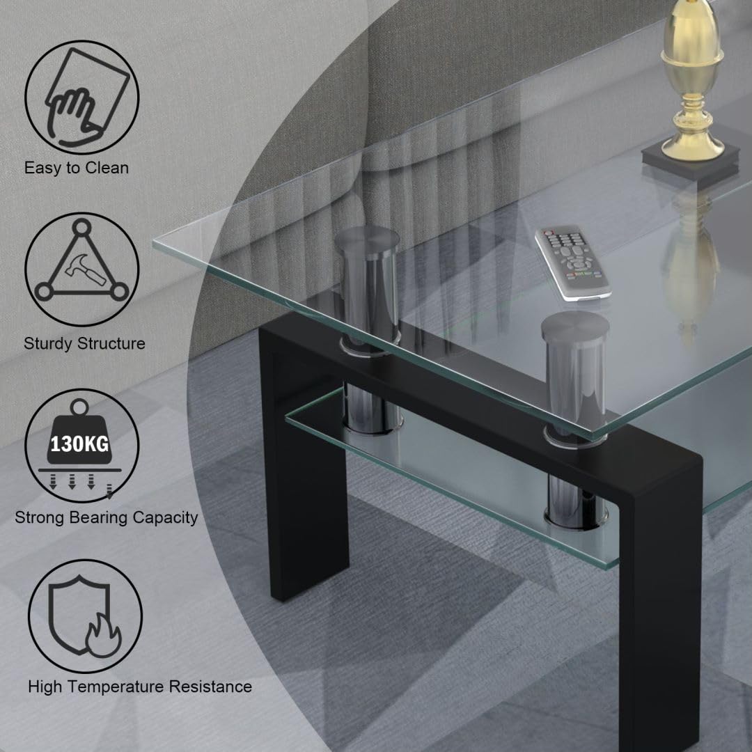 2-Tier Coffee Table, Tempered Glass Rectangle Sofa Side Table