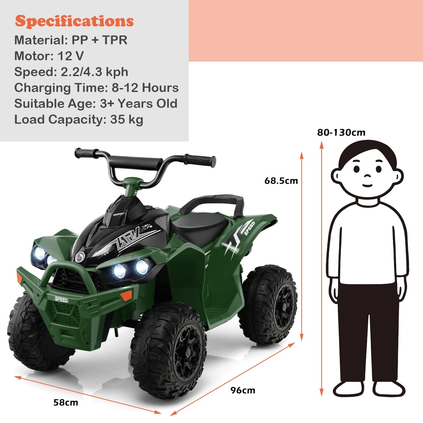12V Kids Ride On ATV with 2 Speeds and LED Lights