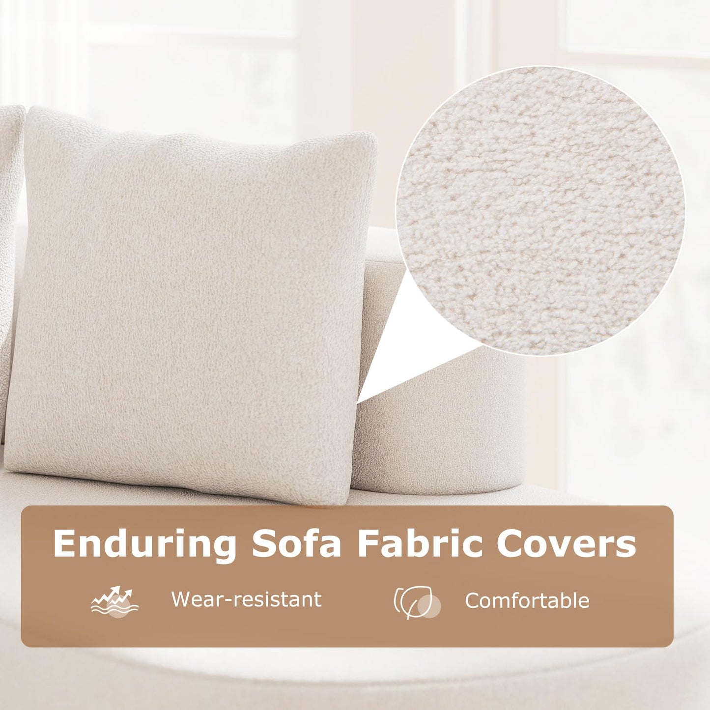 Upholstered Curved Sofa with 2 Cozy Pillows and Low Backrest