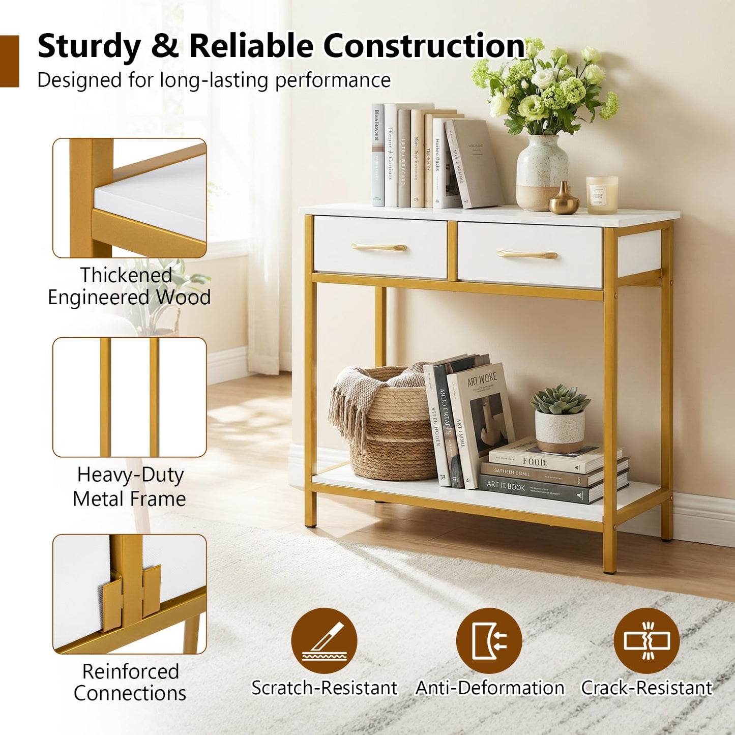 Narrow Console Table, 75cm Slim Entryway Table with 2 Storage Drawers and Open Shelf