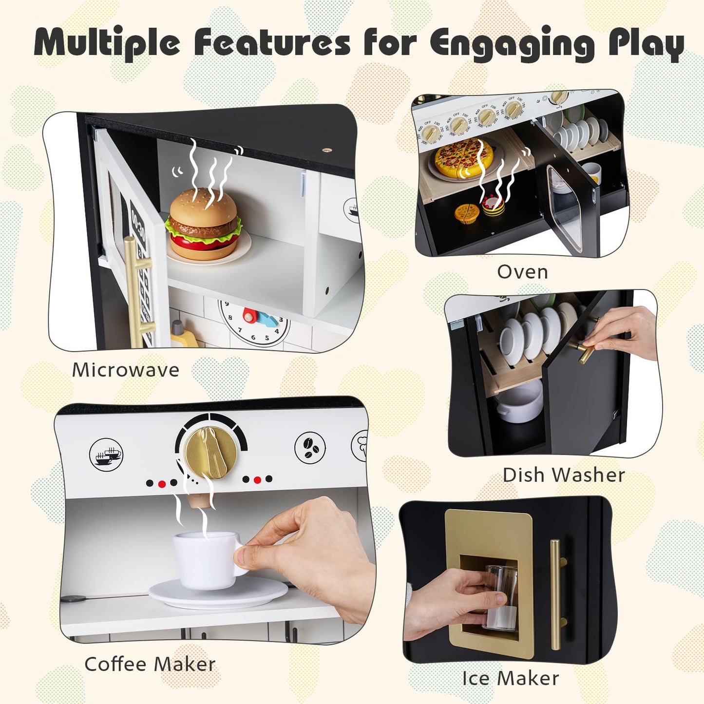 Kids Play Kitchen, Wooden Pretend Toy Kitchen with Realistic Lights & Sounds