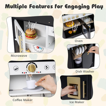 Kids Play Kitchen, Wooden Pretend Toy Kitchen with Realistic Lights & Sounds