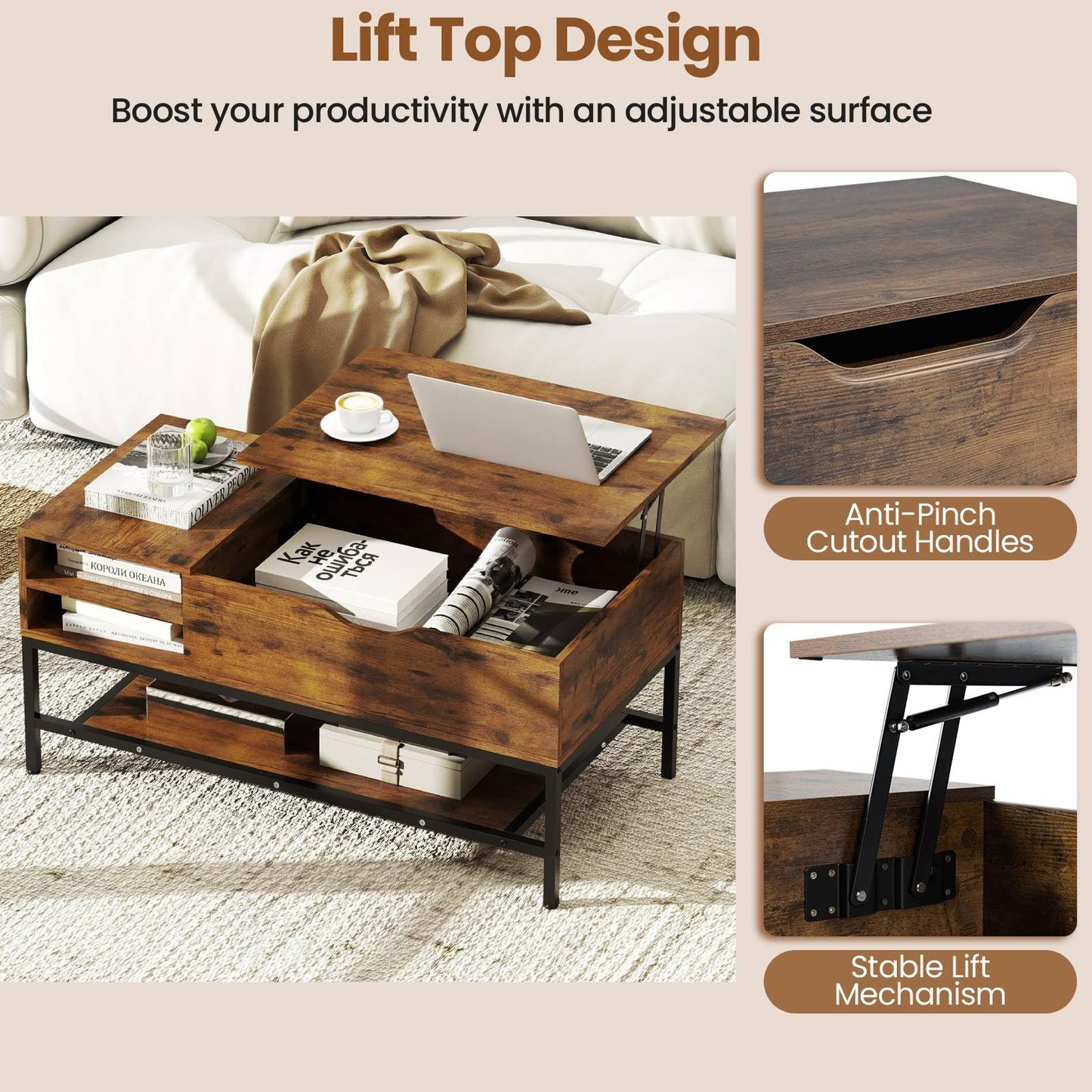 Lift Top Coffee Table with Hidden Compartment and Removable Shelf