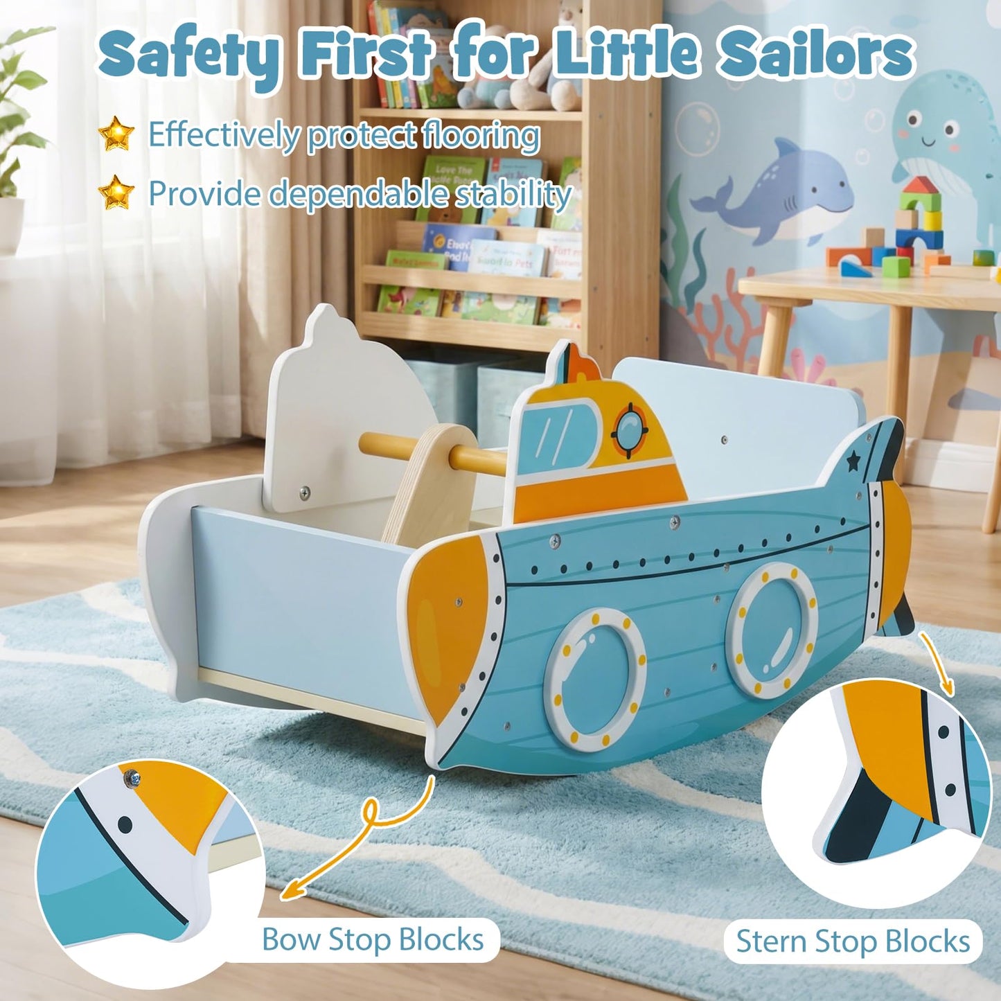 Kids Rocking Boat, Submarine-Themed Wooden Rocking Ship Toy with Rotating Propeller